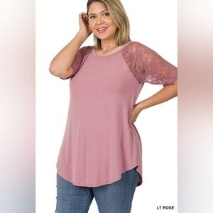 Zenana Signature Wmns Lace Sleeve Crewneck High Low Light Blush Tunic Top S